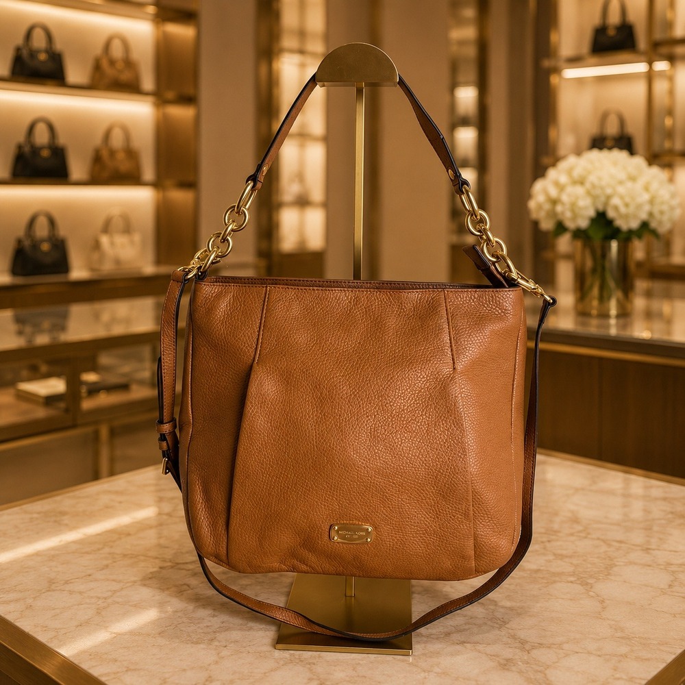 Michael Kors Sienna Leather Hobo Shoulder Bag Brown Gold Chain NWT